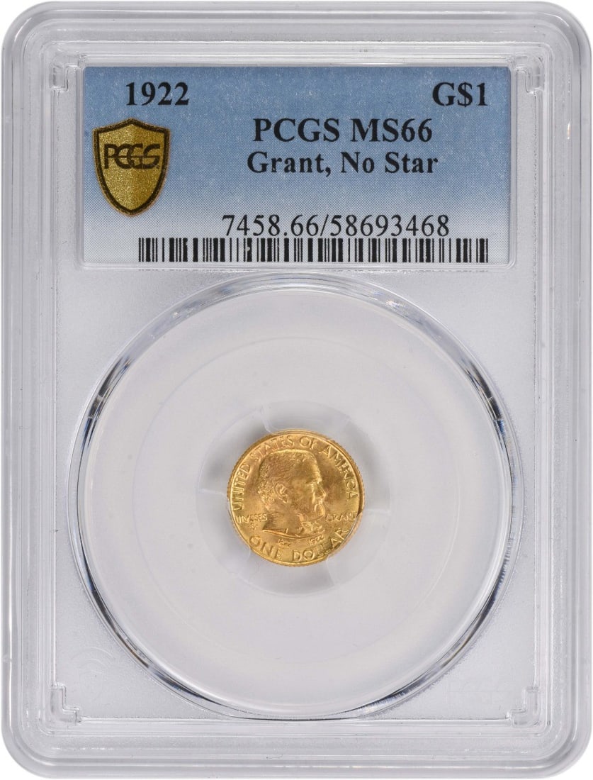1922 Grant Commemorative Gold Dollar MS66 PCGS Uncirculated: 1922 Grant Commemorative Gold Dollar MS66 PCGS Uncirculated This Grant Commemorative Gold Dollar from 1922 features a stunning uncirculated grade of MS66, certified by PCGS. The coin, produced in Phil