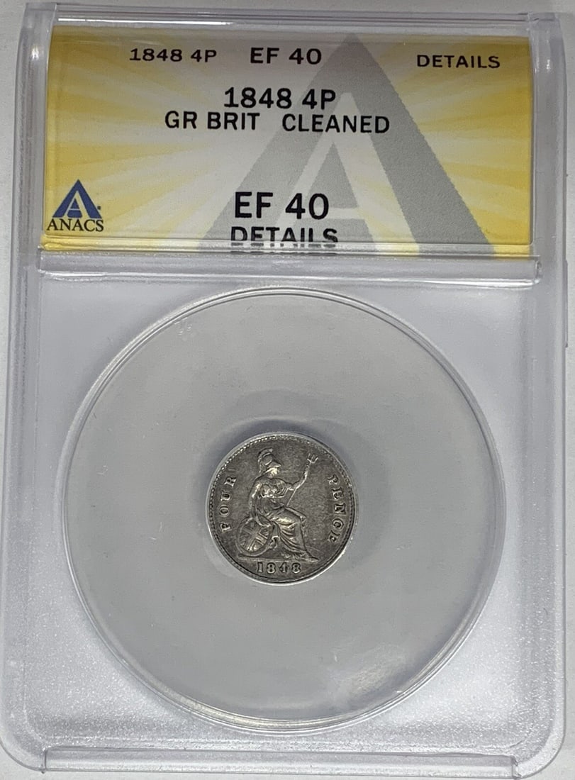 1848 Great Britain 4 Pence Coin Silver ANACS XF 40 Cleared: 1848 Great Britain 4 Pence Coin Silver ANACS XF 40 Cleared This 1848 Great Britain 4 Pence Coin is a remarkable piece of history, originating from the United Kingdom. It is composed of silver and has