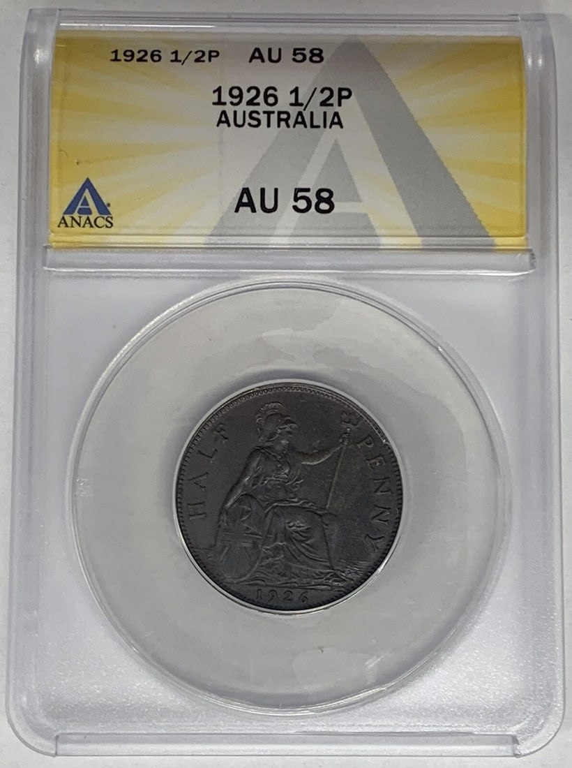 1926 Australia Half Penny AU 58 Certified by ANACS: 1926 Australia Half Penny AU 58 Certified by ANACS This item is a 1926 Australia Half Penny, certified by ANACS with a grade of AU 58. It represents a piece of pre-decimal currency from Australia, sho