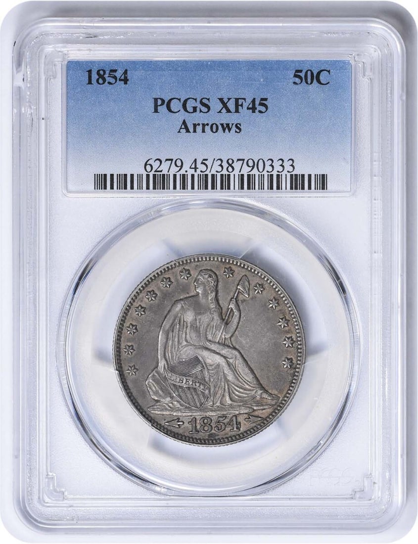 1854 Liberty Seated Half Dollar 50C Silver PCGS Certified: 1854 Liberty Seated Half Dollar 50C Silver PCGS Certified This 1854 Liberty Seated Half Dollar features the iconic design of the Seated Liberty and is certified by PCGS. It is a circulated coin with