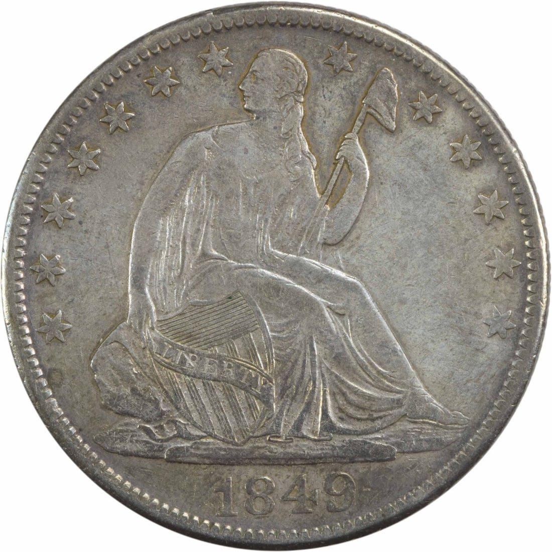 1849-O Liberty Seated Half Dollar 90% Silver Uncertified: 1849-O Liberty Seated Half Dollar 90% Silver Uncertified This 1849-O Liberty Seated Silver Half Dollar is a remarkable piece of numismatic history. Struck at the New Orleans mint, this coin features