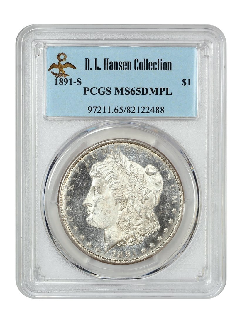 1891-S Morgan Dollar PCGS MS65DMPL Exquisite S-Mint Coin: 1891-S Morgan Dollar PCGS MS65DMPL Exquisite S-Mint Coin This 1891-S Morgan Dollar, certified by PCGS with a grade of MS65DMPL, features brilliant deep mirrors that create a striking contrast against