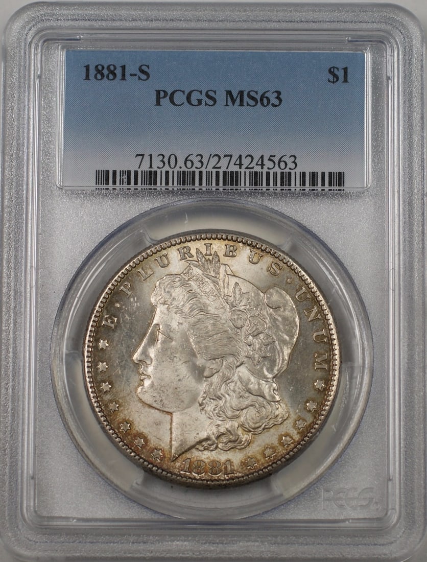 1881-S Morgan Silver Dollar Coin PCGS MS-63 Toned Uncirculated: 1881-S Morgan Silver Dollar Coin PCGS MS-63 Toned Uncirculated This 1881-S US Morgan Silver Dollar is a stunning piece, certified by PCGS with a grade of MS 63. Struck in silver at the San Francisco