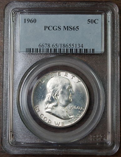 1960 Franklin Silver Half Dollar PCGS MS65 Uncirculated: 1960 Franklin Silver Half Dollar PCGS MS65 Uncirculated This 1960 Franklin Silver Half Dollar is a stunning example of U.S. coinage, certified by PCGS with a grade of MS-65. Minted in Philadelphia,