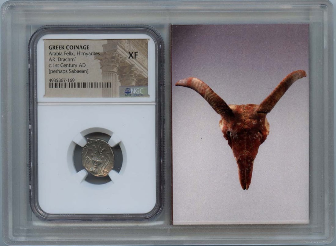 1st Century Himyarites AR Drachm Ancient Greek NGC XF40: 1st Century Himyarites AR Drachm Ancient Greek NGC XF40 This ancient Greek AR Drachm from the Himyarites of Arabia Felix dates back to the 1st Century AD. It has been certified by NGC with a grade of