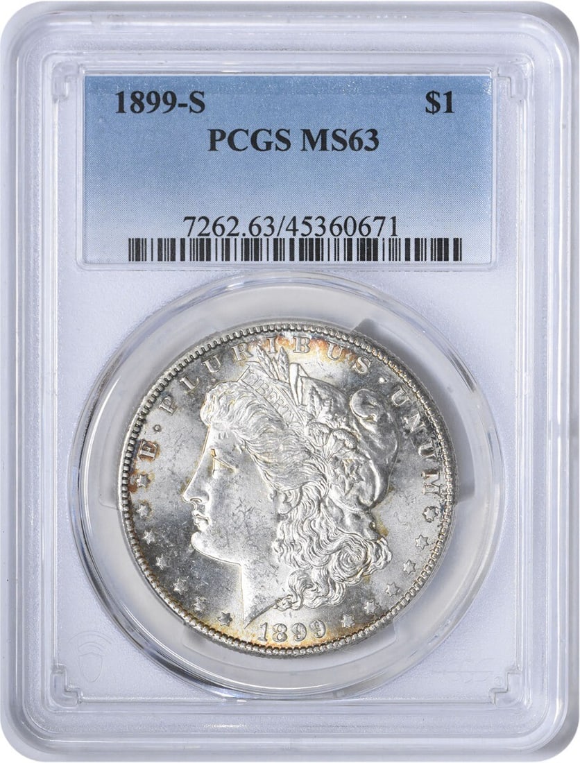 1899-S Morgan Silver Dollar MS63 PCGS Uncirculated Silver Coin: 1899-S Morgan Silver Dollar MS63 PCGS Uncirculated Silver Coin This 1899-S Morgan Silver Dollar is graded MS63 by PCGS, ensuring its high quality and collectible appeal. Featuring a remarkable design