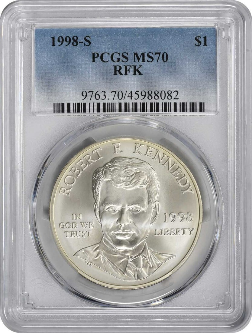 1998-S Robert F Kennedy Dollar Commemorative MS70 PCGS Silver Coin: 1998-S Robert F Kennedy Dollar Commemorative MS70 PCGS Silver Coin This 1998-S Robert F. Kennedy Dollar Commemorative is a remarkable piece for collectors, graded MS70 by PCGS, showcasing its uncircul