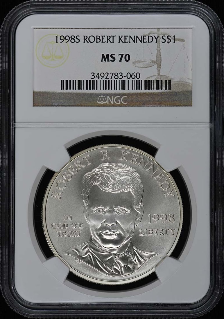1998S Robert Kennedy Commemorative S$1 NGC MS70 Uncirculated: 1998S Robert Kennedy Commemorative S$1 NGC MS70 Uncirculated This 1998 Robert Kennedy Modern Commemorative S$1 coin is a remarkable piece for collectors. Graded MS70 by NGC, it signifies a perfect unc