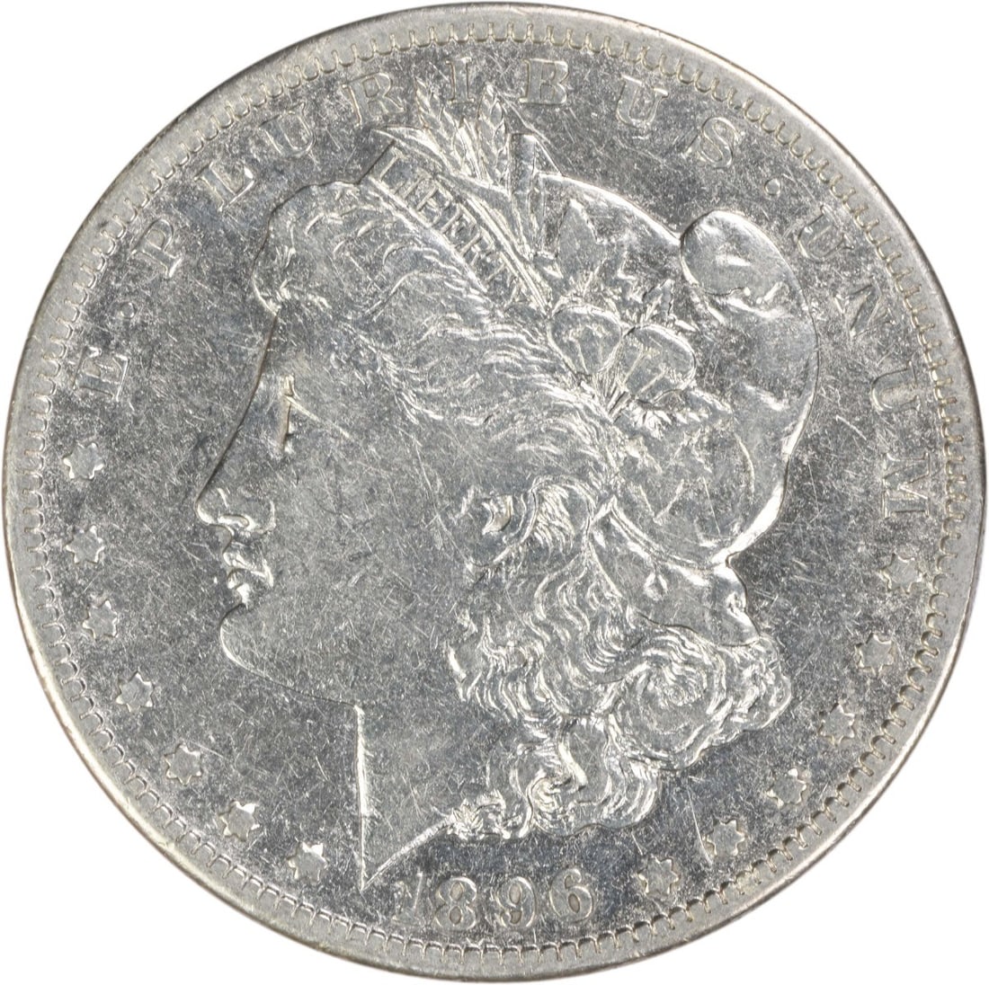 San Francisco 1896 Morgan Dollar VF Grade 90 Percent Silver Uncertified: San Francisco 1896 Morgan Dollar VF Grade 90 Percent Silver Uncertified This 1896-S Morgan Silver Dollar is a circulated coin minted in San Francisco. Designed by George T. Morgan, it has a compositio