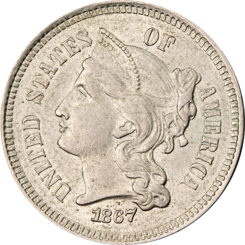1867 Three Cent Nickel Circulated Historic Coin: 1867 Three Cent Nickel Circulated Historic Coin This 1867 Three (3) Cent Nickel showcases a rich history and is a notable addition for any coin collector. The coin is made of nickel and has been circu