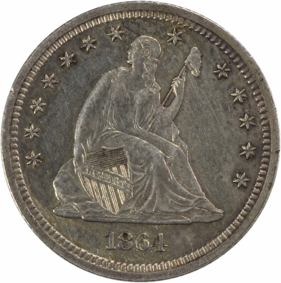 1864 Liberty Seated Quarter AU 90% Silver Philadelphia Mint: 1864 Liberty Seated Quarter AU 90% Silver Philadelphia Mint This 1864 Liberty Seated Silver Quarter is an attractive addition for coin collectors. Featuring a beautiful design by Robert Ball Hughes an