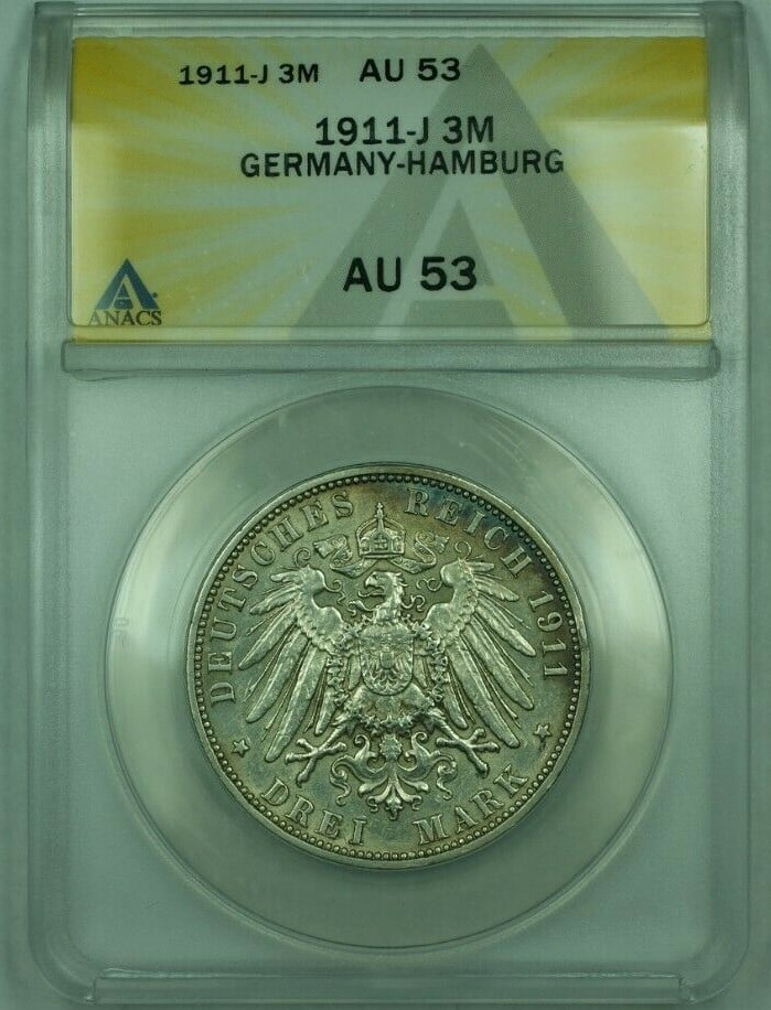 1911-J Germany Hamburg 3 Mark Silver Coin ANACS AU 53 (1 of 2)