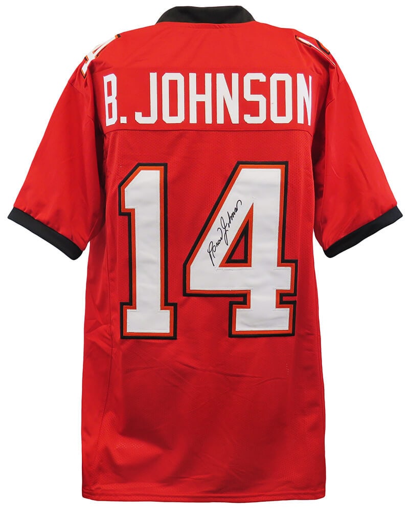 Brad Johnson Signed Tampa Bay Buccaneers Red Jersey with COA: Brad Johnson Signed Tampa Bay Buccaneers Red Jersey with COA This is a signed red custom football jersey of Brad Johnson, the former quarterback of the Tampa Bay Buccaneers. The jersey is an original