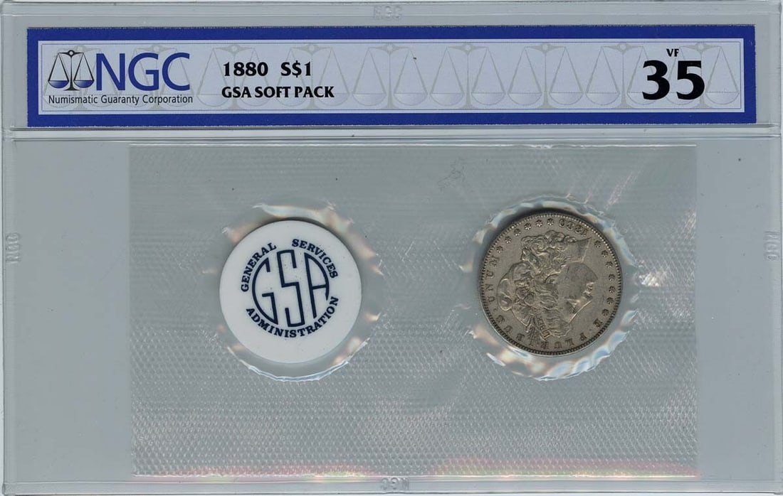 1880 Morgan Dollar GSA Soft Pack NGC VF35 Certified Coin: 1880 Morgan Dollar GSA Soft Pack NGC VF35 Certified Coin This 1880 Morgan Dollar is a remarkable piece of American history, graded by NGC as VF35. Struck at the Philadelphia mint, this coin showcases