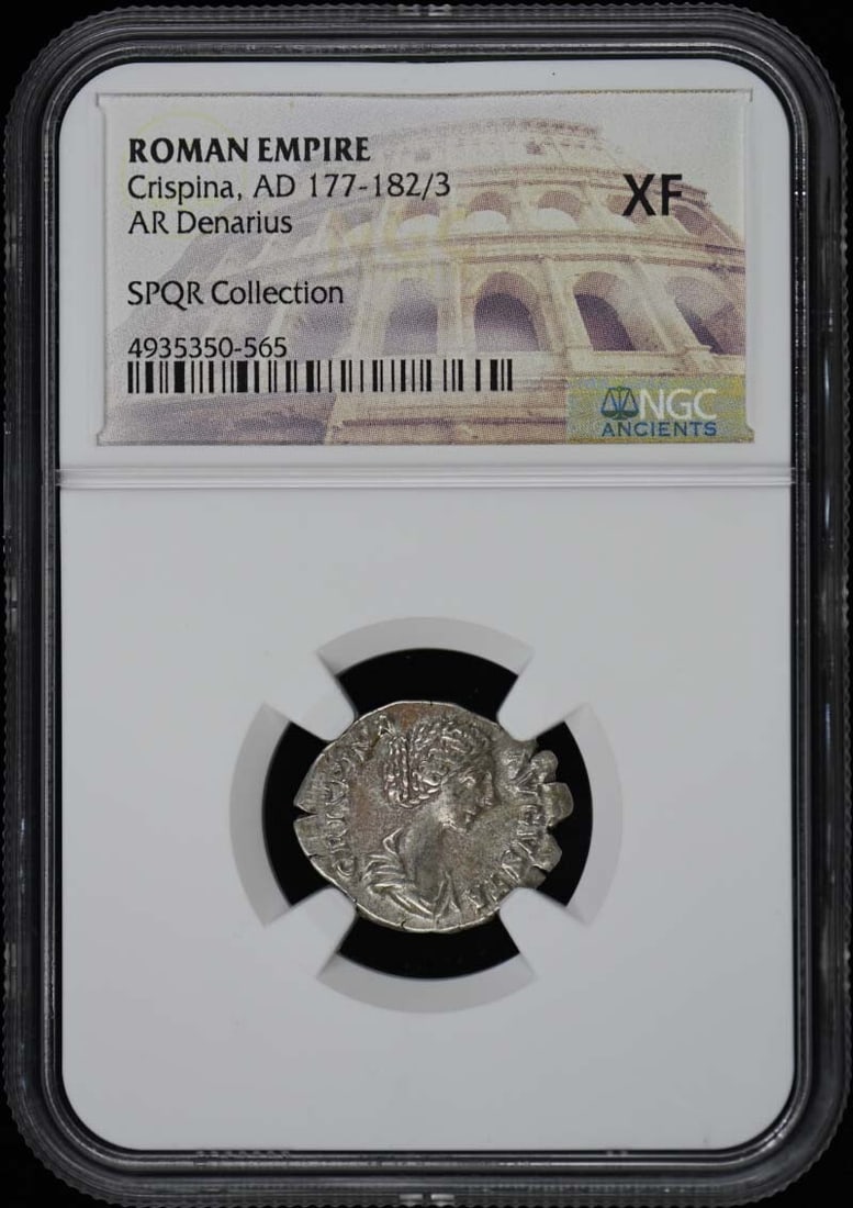 Crispina Roman Empire AR Denarius AD 177-182 NGC XF40 Certified: Crispina Roman Empire AR Denarius AD 177-182 NGC XF40 Certified This Ancient Roman AR Denarius features a crisp design from the reign of Crispina, dating from AD 177-182/3. Certified by NGC with a
