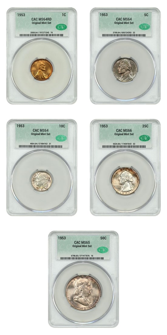 1953 Uncirculated Mint Set CACG Certified 5 Coins 1C-50C: 1953 Uncirculated Mint Set CACG Certified 5 Coins 1C-50C This lot features five uncirculated coins from the original 1953 mint set, certified by CACG. Included are the following denominations and