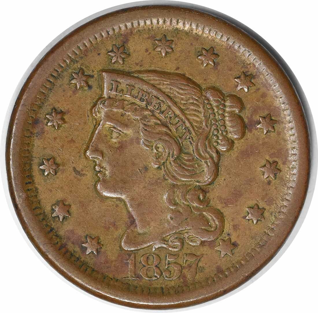 1857 Large Cent AU Braided Hair Coin by Christian Gobrecht: 1857 Large Cent AU Braided Hair Coin by Christian Gobrecht This 1857 Large Cent features the classic Braided Hair design by Christian Gobrecht, showcasing a rich historical significance. Struck in Phi