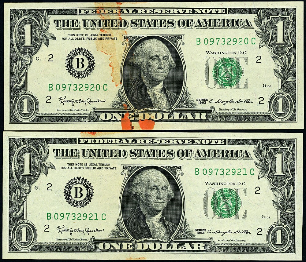 1963 $1 Federal Reserve Notes New York B-C Block 2pc Lot Uncirculated (1 of 2)