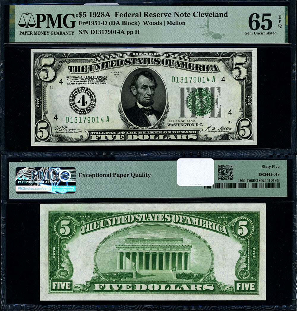 1928-A $5 Federal Reserve Note Cleveland D-A Block PMG Gem CU65 EPQ (1 of 3)
