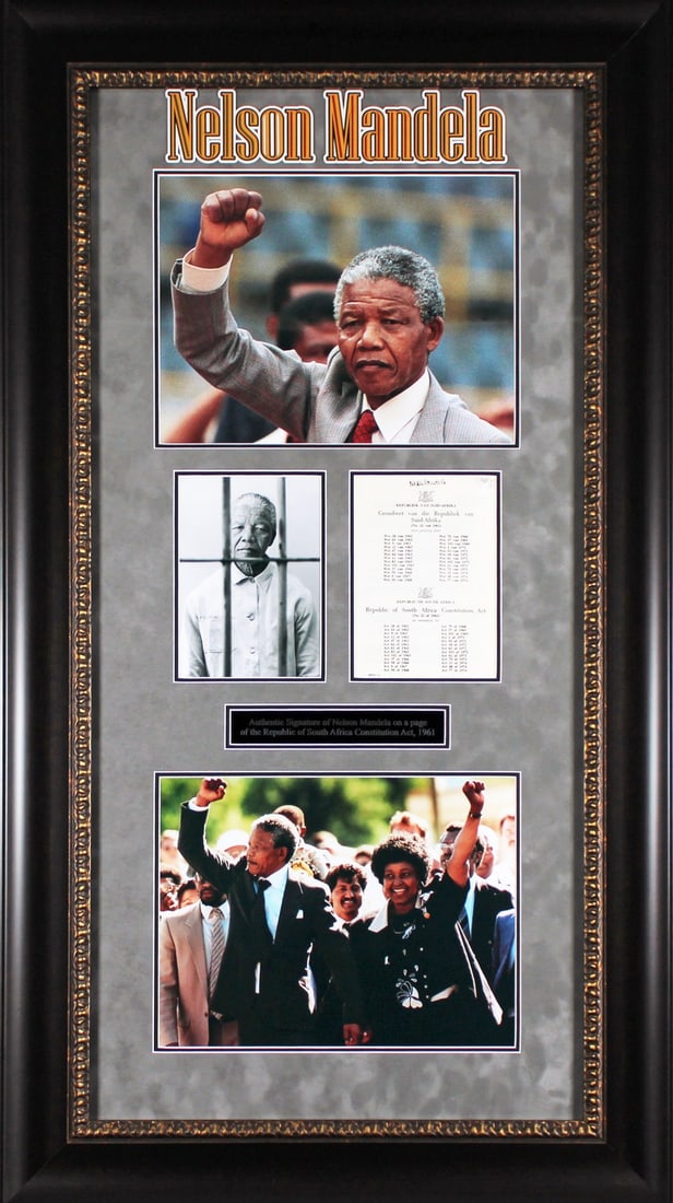 Framed Nelson Mandela Signed South African Constitution Page Beckett COA: Framed Nelson Mandela Signed South African Constitution Page Beckett COA This remarkable framed display features a 5.5x8 inch page from the South African Constitution, personally signed by the legenda