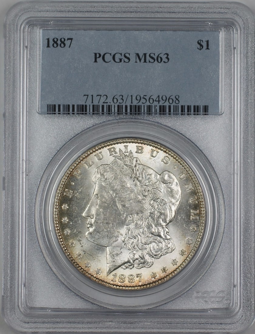 1887 Morgan Silver Dollar Coin PCGS MS-63 Uncirculated Silver: 1887 Morgan Silver Dollar Coin PCGS MS-63 Uncirculated Silver This 1887 Morgan Silver Dollar is a stunning example of American coinage, graded MS-63 by PCGS, ensuring its quality and authenticity. Min