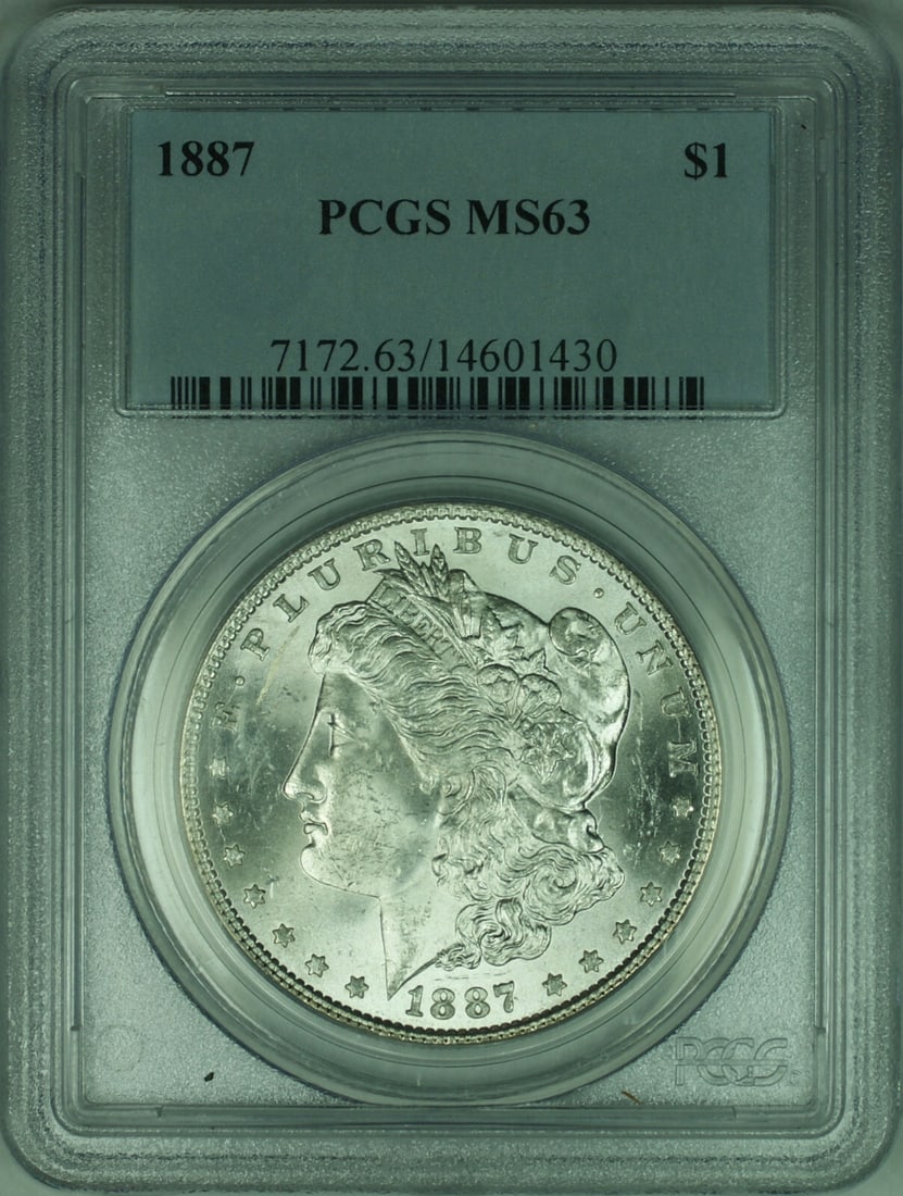 PCGS MS63 1887 Morgan Dollar Silver Coin from Philadelphia: PCGS MS63 1887 Morgan Dollar Silver Coin from Philadelphia This is an 1887 Morgan Silver Dollar graded MS-63 by PCGS. Struck at the Philadelphia Mint, this uncirculated coin is composed of 90% silver