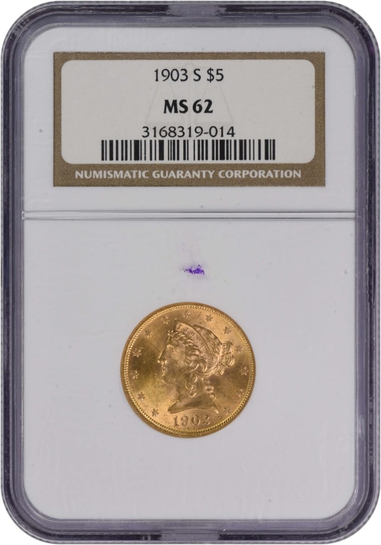 MS62 NGC Graded 1903 San Francisco Liberty Head $5 Gold Coin: MS62 NGC Graded 1903 San Francisco Liberty Head $5 Gold Coin This 1903-S $5 Gold Liberty Head coin is an uncirculated example graded MS62 by NGC. Struck at the San Francisco Mint, it features the clas