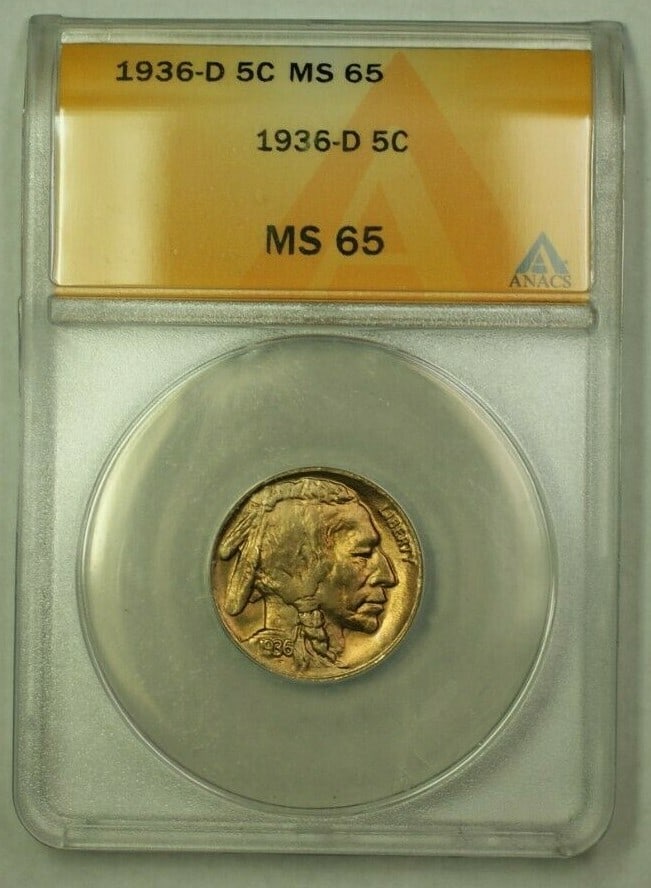 1936-D Buffalo Nickel ANACS MS 65 Uncirculated Denver Mint: 1936-D Buffalo Nickel ANACS MS 65 Uncirculated Denver Mint This 1936-D Buffalo Nickel, certified by ANACS with a grade of MS-65, showcases exceptional quality and detail. Struck in Denver, this uncirc