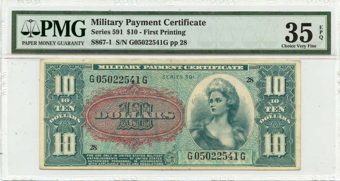 Series 591 $10 Military Payment Certificate PMG VF35 EPQ: Series 591 $10 Military Payment Certificate PMG VF35 EPQ This Series 591 $10 Military Payment Certificate is certified by PMG with a grade of VF35, indicating its very fine condition. The note has