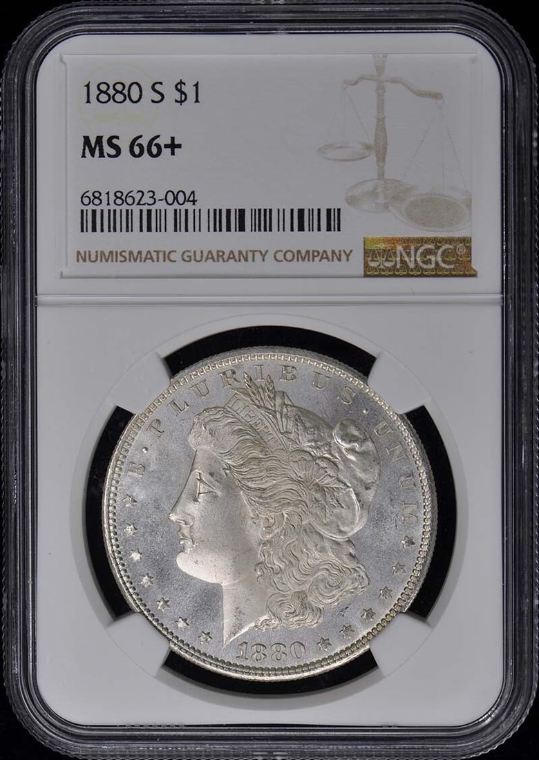 1880-S Morgan Dollar NGC MS66+ Uncirculated San Francisco Coin: 1880-S Morgan Dollar NGC MS66+ Uncirculated San Francisco Coin This 1880-S Morgan Dollar, graded MS66+ by NGC, is an exceptional piece that showcases its uncirculated condition. Struck at the San