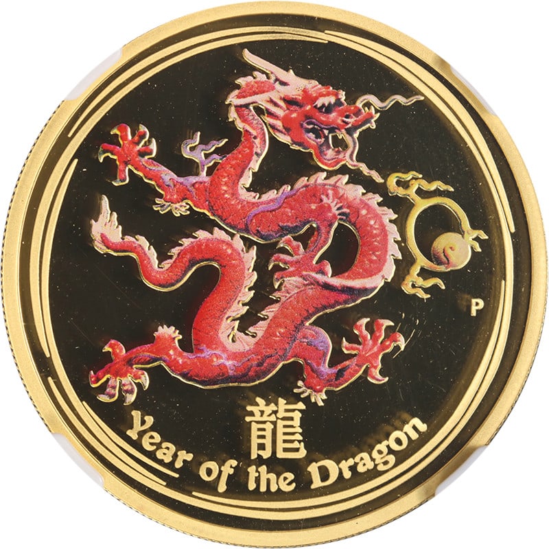 NGC PF69 Ultra Cameo 2012-P Gold $100 Year of Dragon Colorized Coin: NGC PF69 Ultra Cameo 2012-P Gold $100 Year of Dragon Colorized Coin This 2012-P Australia 1 Ounce Gold $100 Year of the Dragon coin is colorized and has been certified by NGC with a PF69 Ultra Cameo