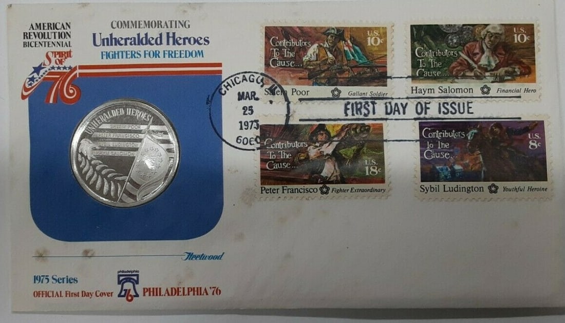 Fleetwood Silver Medal Bicentennial Unheralded Heroes with Stamps & FDC: Fleetwood Silver Medal Bicentennial Unheralded Heroes with Stamps & FDC This Fleetwood commemorative silver medal celebrates the Bicentennial of Unheralded Heroes in the United States. Made of