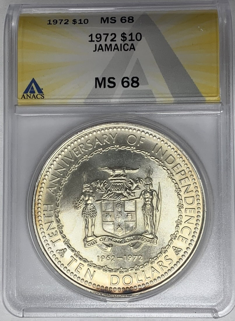 1972 Jamaica $10 Silver Dollar Coin ANACS MS 68 (1 of 2)