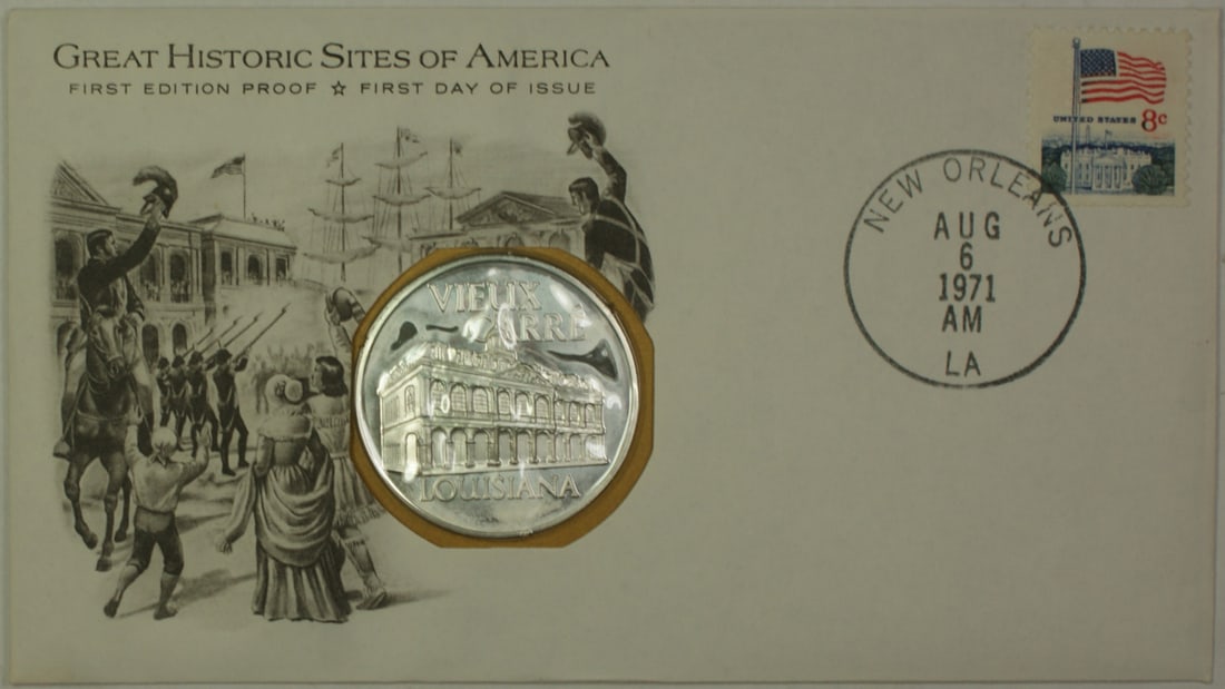 New Orleans Historic Site Medal Proof Silver First Day Cover: New Orleans Historic Site Medal Proof Silver First Day Cover This collectible First Day Cover commemorates the historic site of New Orleans, Louisiana. It features a proof silver medal that highlights