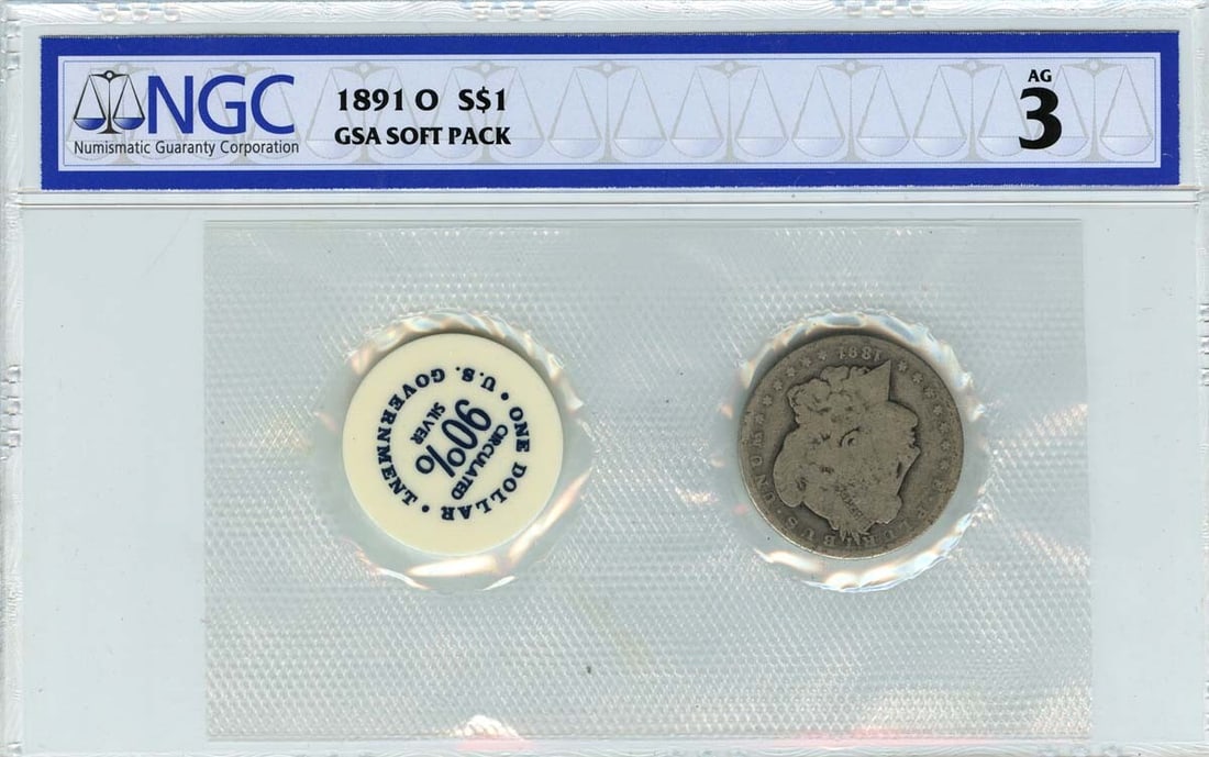 1891-O Morgan Dollar NGC AG3 Certified Coin New Orleans Mint: 1891-O Morgan Dollar NGC AG3 Certified Coin New Orleans Mint This 1891-O Morgan Dollar is a remarkable piece of numismatic history, featuring a grade of AG3, which indicates its circulated condition.