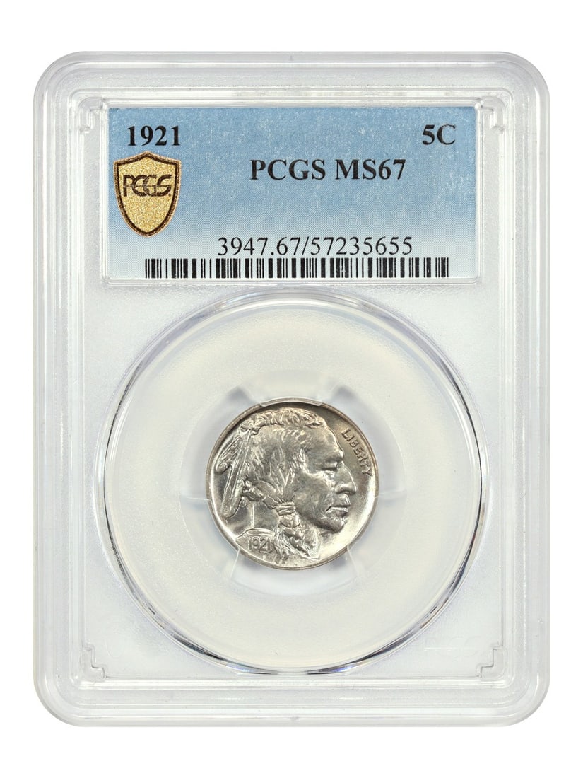 PCGS MS67 1921 Buffalo Nickel 5 Cent Philadelphia Uncirculated Coin: PCGS MS67 1921 Buffalo Nickel 5 Cent Philadelphia Uncirculated Coin This 1921 Buffalo Nickel is certified by PCGS with a grade of MS67, indicating an uncirculated, premium gem specimen. It features a