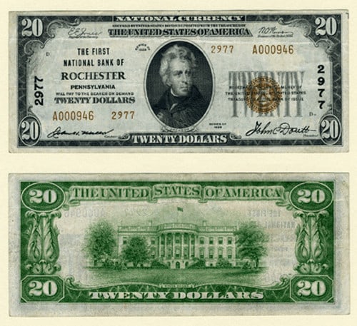1929 T-2 $20 National Bank Note Rochester PA Charter 2977 (1 of 1)