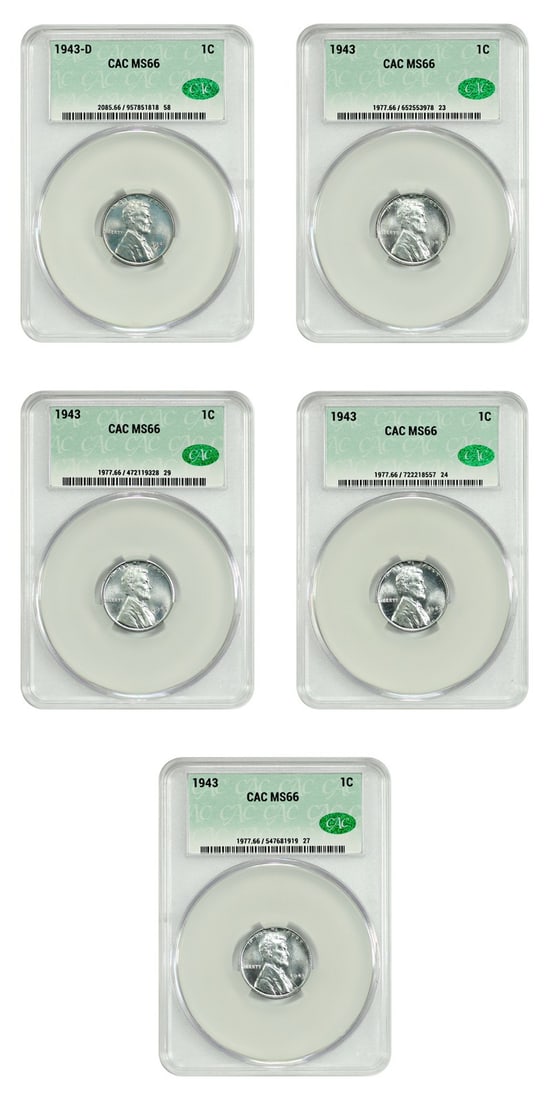 Five 1943 Philadelphia and Denver Lincoln Wheat Cents CACG MS66: Five 1943 Philadelphia and Denver Lincoln Wheat Cents CACG MS66 This lot consists of five uncirculated 1943 Lincoln Cents with the Wheat Reverse, graded MS66 by CACG. The coins include both Philadelph