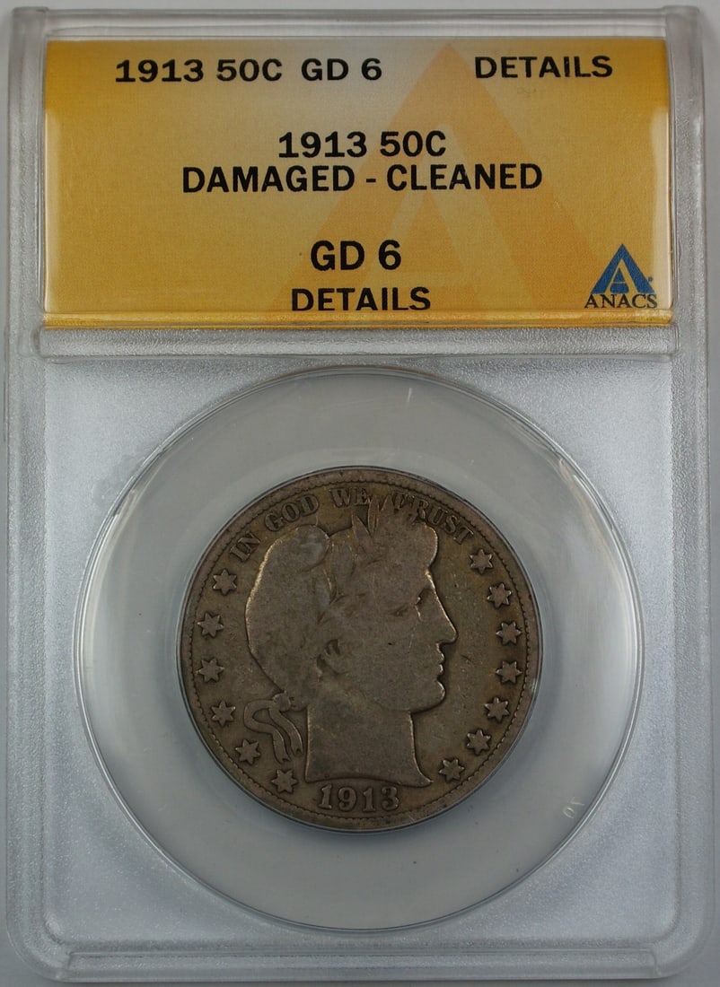 1913 Barber Silver Half Dollar ANACS GD-6 Certified Coin: 1913 Barber Silver Half Dollar ANACS GD-6 Certified Coin This 1913 Barber Silver Half Dollar is a notable piece for collectors. Certified by ANACS with a grade of GD-6, this coin has been previously c
