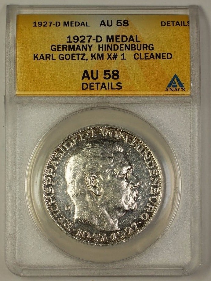 1927-D Germany Silver Hindenburg Medal Karl Goetz ANACS AU-58: 1927-D Germany Silver Hindenburg Medal Karl Goetz ANACS AU-58 This 1927-D Germany Silver Hindenburg Medal, designed by Karl Goetz, features a stunning representation of historical significance. Certif