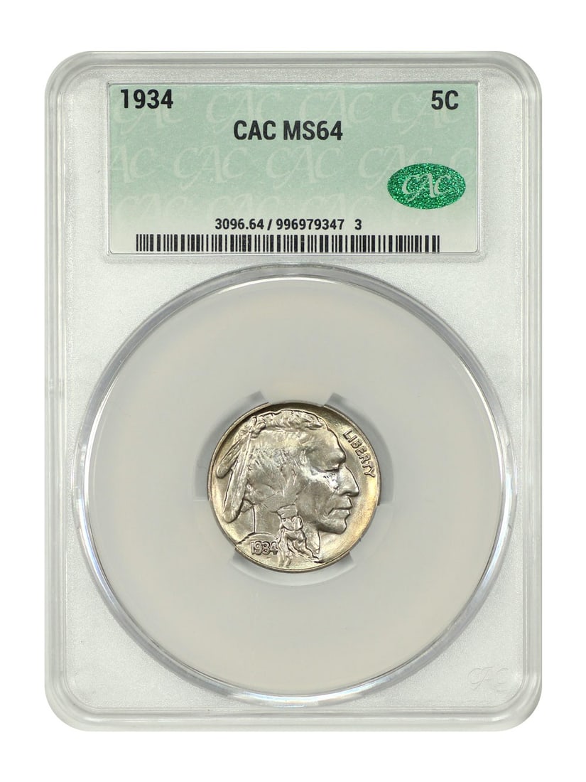 1934 Buffalo Nickel CACG MS64 Uncirculated 5C Philadelphia Mint: 1934 Buffalo Nickel CACG MS64 Uncirculated 5C Philadelphia Mint This 1934 Buffalo Nickel is a remarkable collectible, certified by CACG with a certification number of 996979347. Graded MS64, this unci