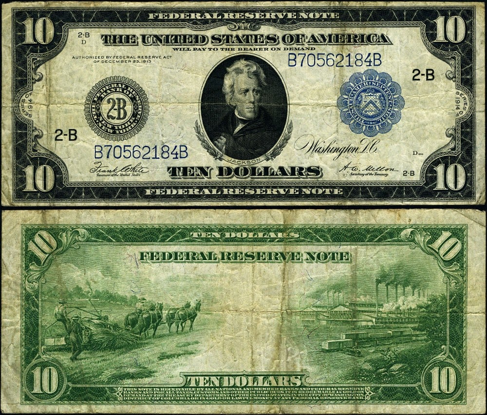 1914 $10 Federal Reserve Note New York Circulated VF Uncertified: 1914 $10 Federal Reserve Note New York Circulated VF Uncertified This 1914 Federal Reserve Note, designated as FR. 911 C, features a denomination of $10 and originates from New York. It is graded as V