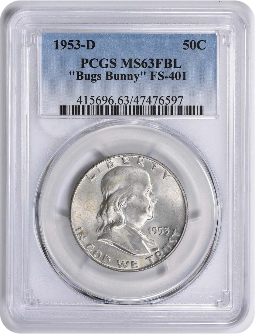 1953-D Franklin Half Dollar Bugs Bunny FS-401 PCGS MS63FBL Silver Coin: 1953-D Franklin Half Dollar Bugs Bunny FS-401 PCGS MS63FBL Silver Coin This 1953-D Franklin Half Dollar, designated as Bugs Bunny FS-401, is a remarkable piece certified by PCGS with a grade of MS63FB