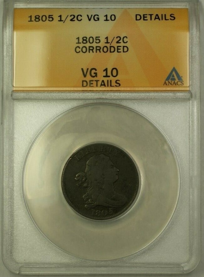 1803 Draped Bust 1/2C Coin ANACS VF-30 Corroded Details: 1803 Draped Bust 1/2C Coin ANACS VF-30 Corroded Details This 1803 Draped Bust 1/2 cent coin showcases the classic design from the Philadelphia mint, certified by ANACS. It is graded as VF-30 and noted