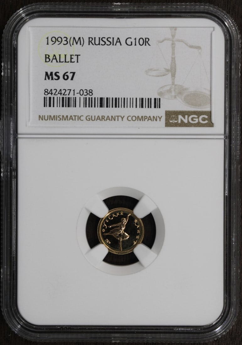 Russia 1993 MS67 10 Roubles 1/20 oz Gold Coin NGC Certified Ballet: Russia 1993 MS67 10 Roubles 1/20 oz Gold Coin NGC Certified Ballet This 1993-M Russia 10 Roubles gold coin features a ballet theme and contains 1/20 oz of gold. The coin is uncirculated and certified