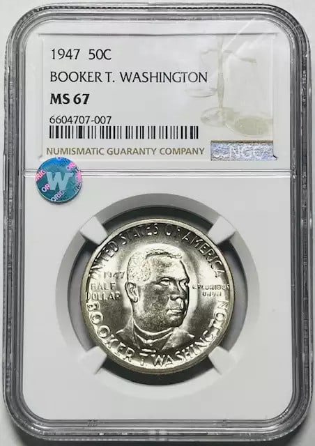 1947 Booker T Washington Memorial Silver Coin NGC MS 67 Uncirculated: 1947 Booker T Washington Memorial Silver Coin NGC MS 67 Uncirculated This 1947 Classic Commemorative Booker T. Washington Memorial coin is a remarkable piece of numismatic history. Certified by NGC, i