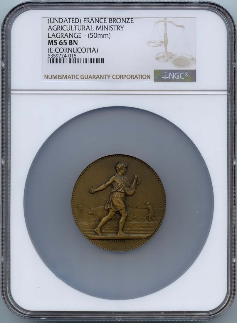 France Bronze Agricultural Ministry Lagrange Medal NGC MS65 50mm: France Bronze Agricultural Ministry Lagrange Medal NGC MS65 50mm This exceptional France Bronze Agricultural Ministry Lagrange Medal, graded MS65 by NGC, showcases a remarkable level of detail and cra