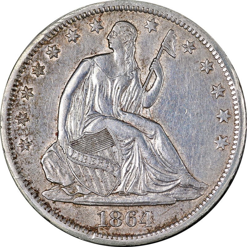 1864-S Seated Half Dollar Choice AU Silver Strong Strike: 1864-S Seated Half Dollar Choice AU Silver Strong Strike This 1864-S Seated Half Dollar offers exceptional eye appeal, showcasing a brilliant luster and a strong strike. The coin features vibrant colo
