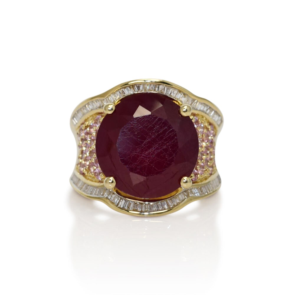 14K Yellow Gold 11.50ct Synthetic Ruby Ring with Diamonds and Pink Topaz (1 of 6)