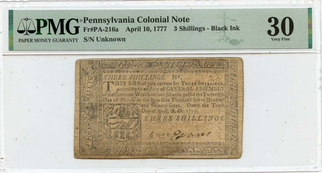 1777 Pennsylvania 3 Shillings Colonial Note FR#PA-216a PMG VF30 (1 of 2)